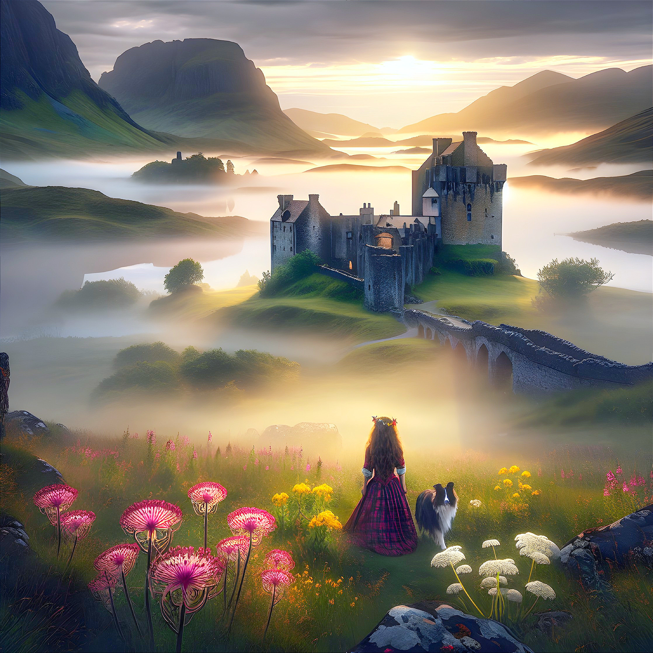 Serene Landscape with Figure, Castle, and Wildflowers
