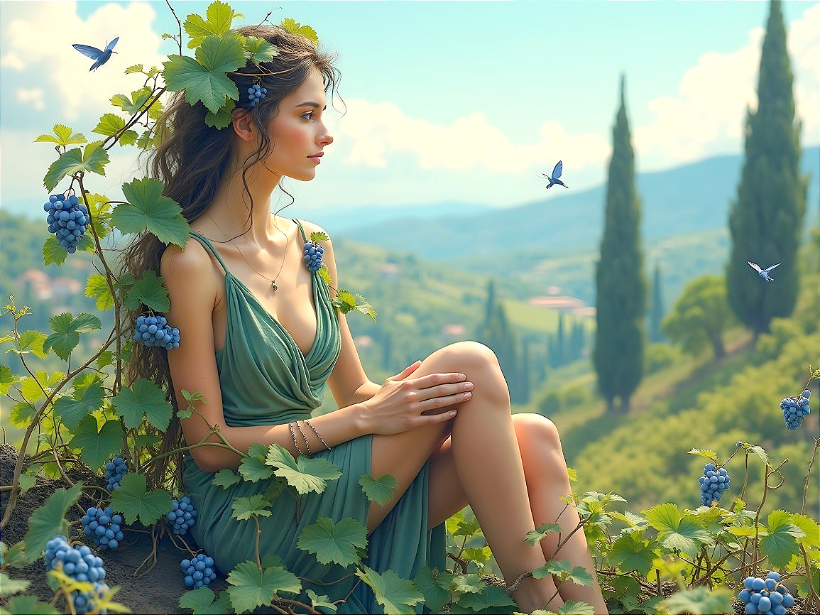 Young Woman in Green Dress Among Lush Grape Vines