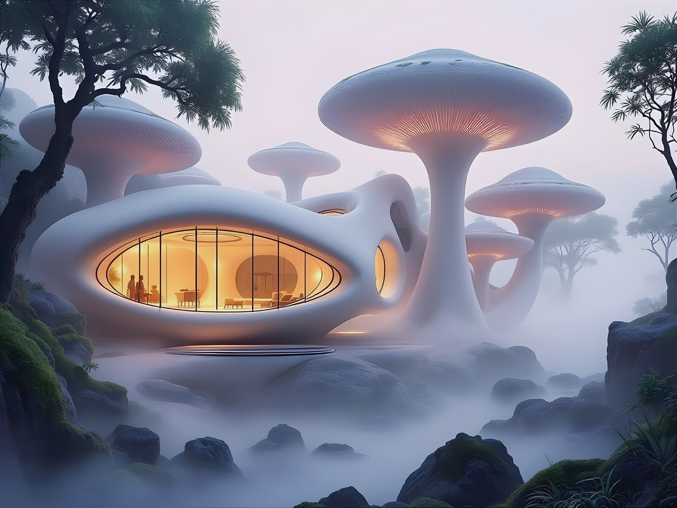 Surreal Landscape with Futuristic Mushroom Structures