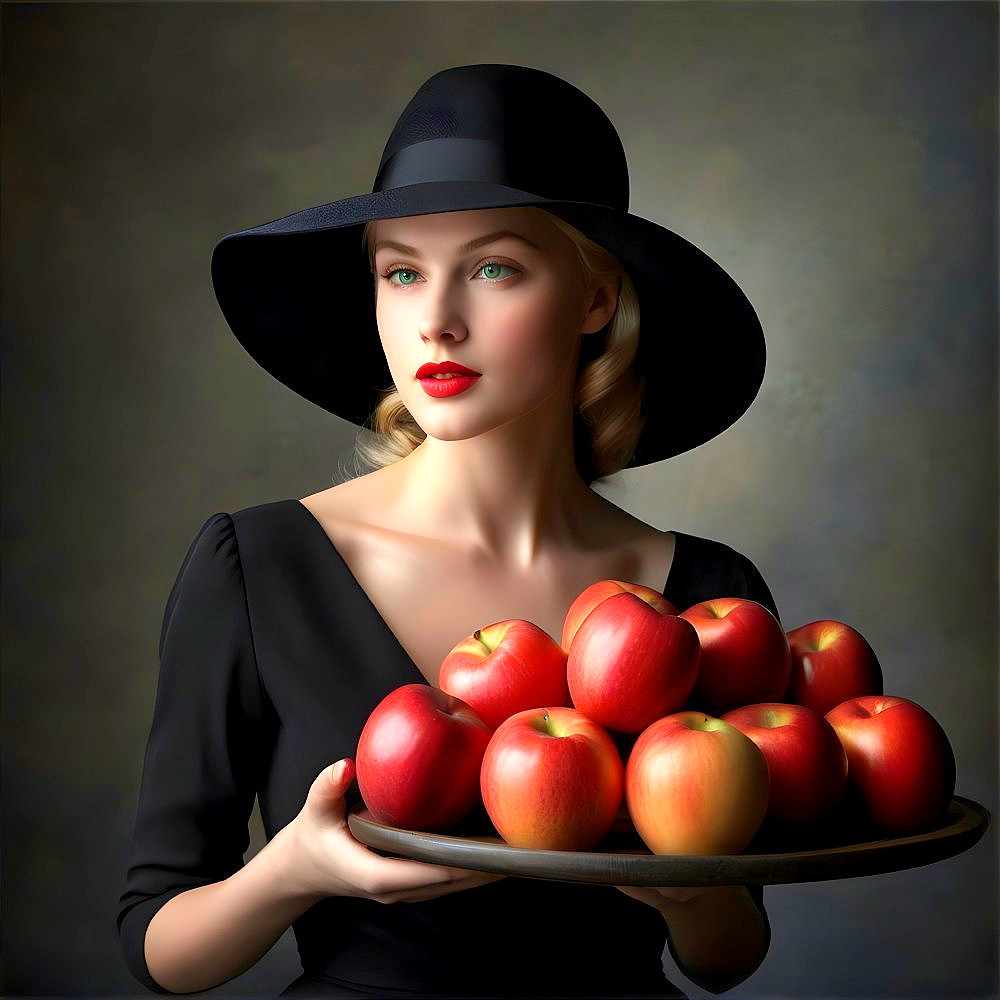 Elegant Woman with Black Hat and Red Apples