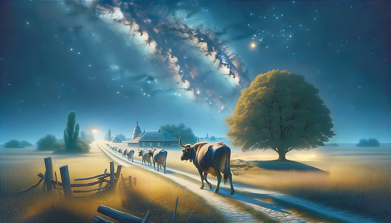 Rural Scene with Cows Under a Starlit Sky
