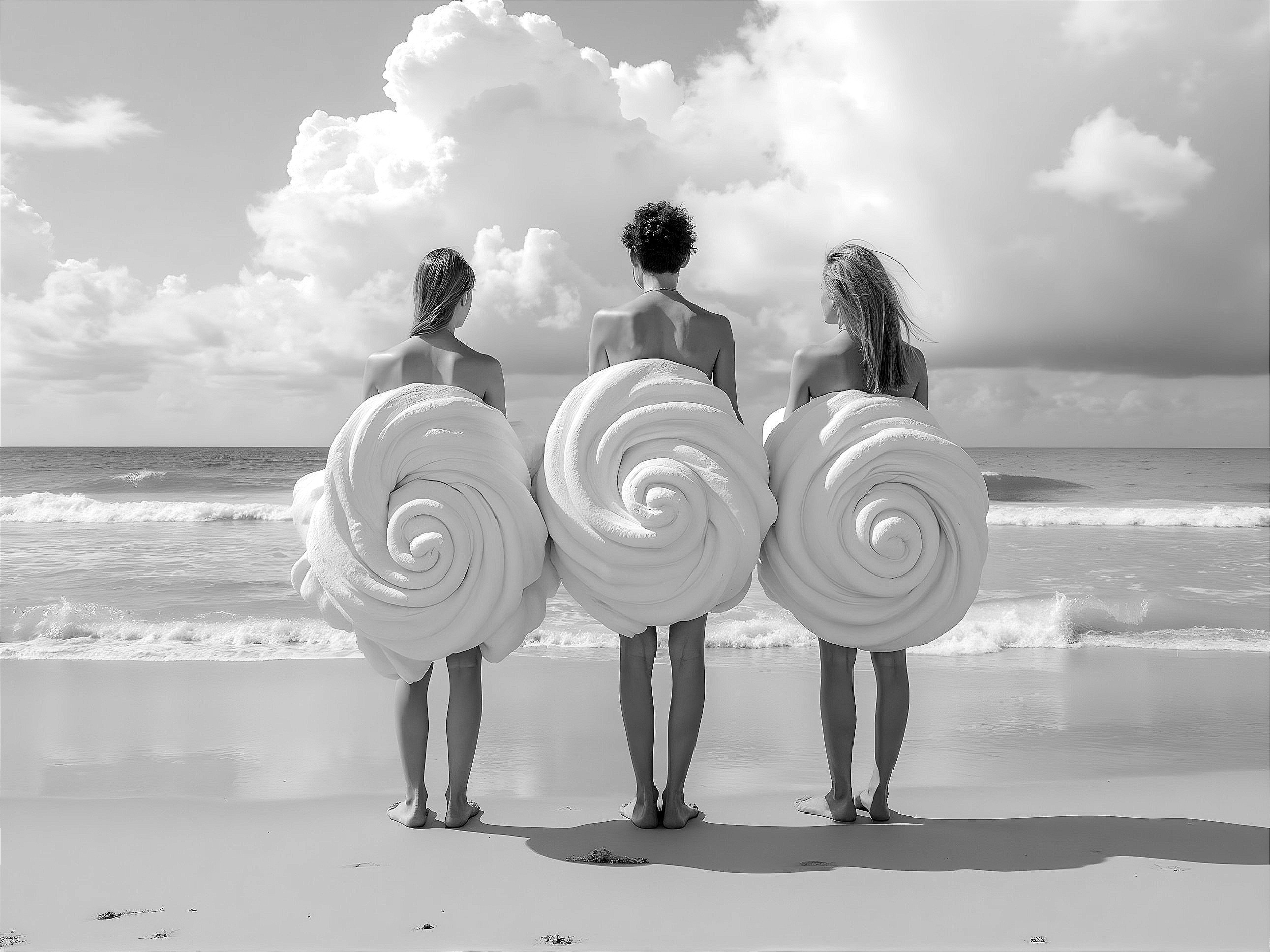 Three Figures on Beach with Foam Formations in Black and White