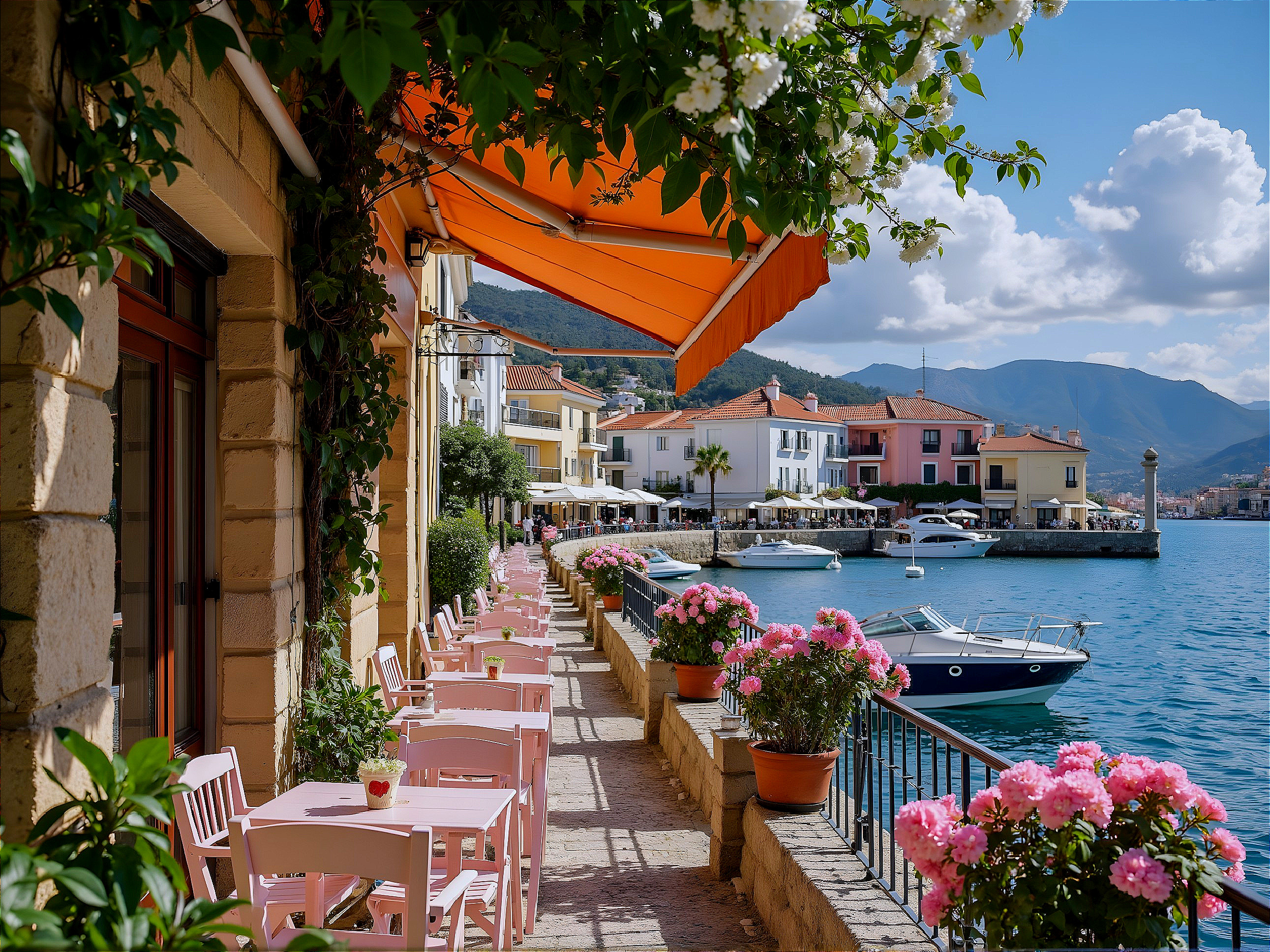 Charming Waterfront Scene with Pastel Buildings and Boats