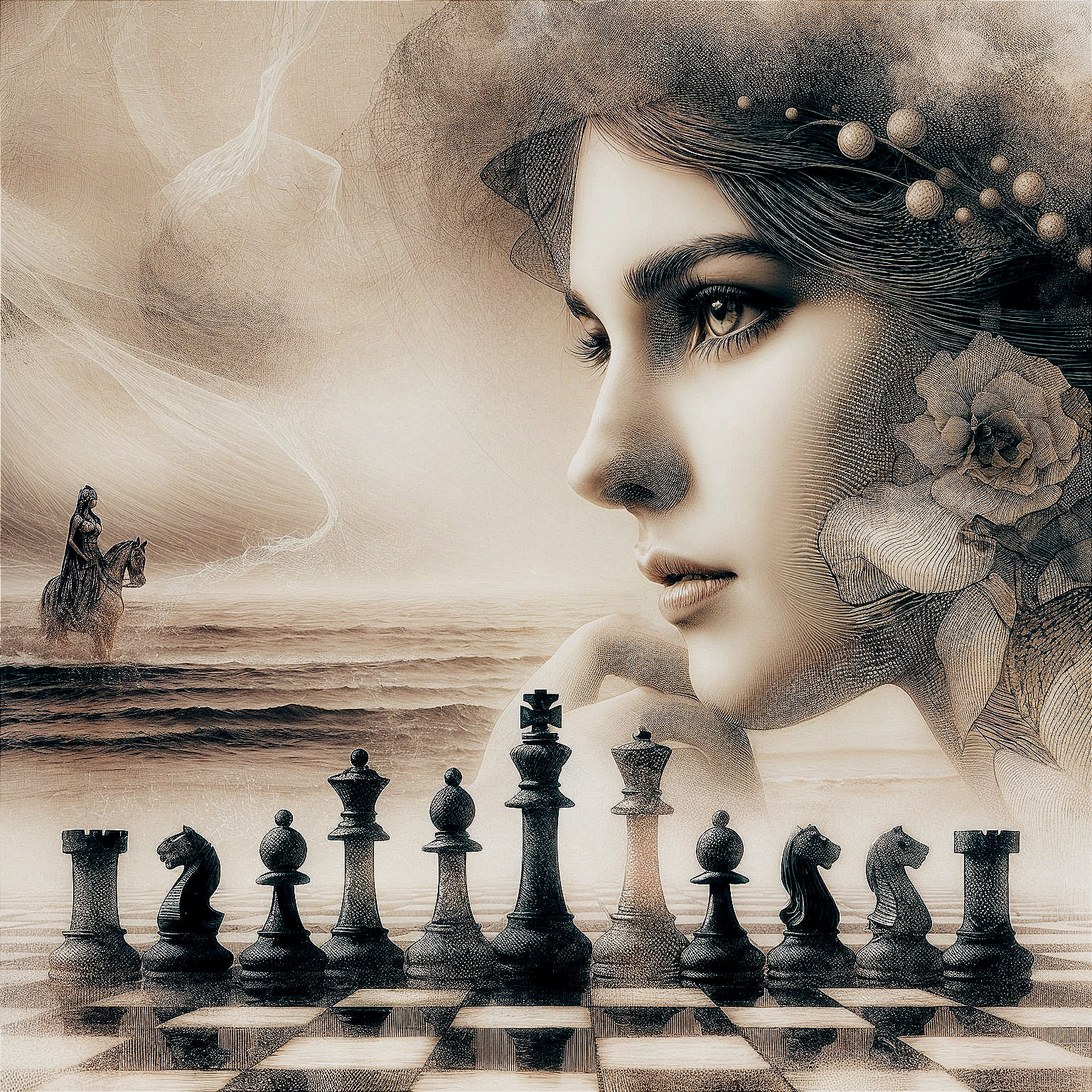 Surreal Composition of Woman's Face and Chessboard