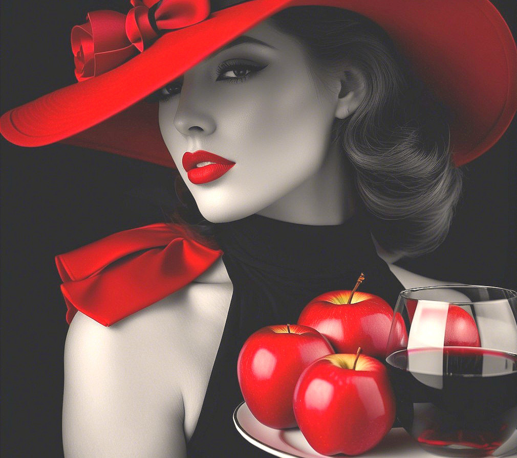 Glamorous Woman with Red Hat and Apples on Black Background