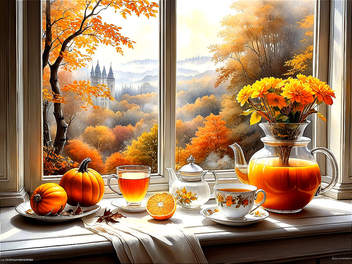 Cozy Autumn Scene with Foliage and Tea Set