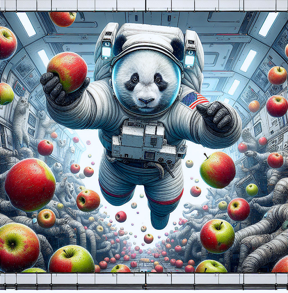 Astronaut Panda in Futuristic Spacecraft with Apples