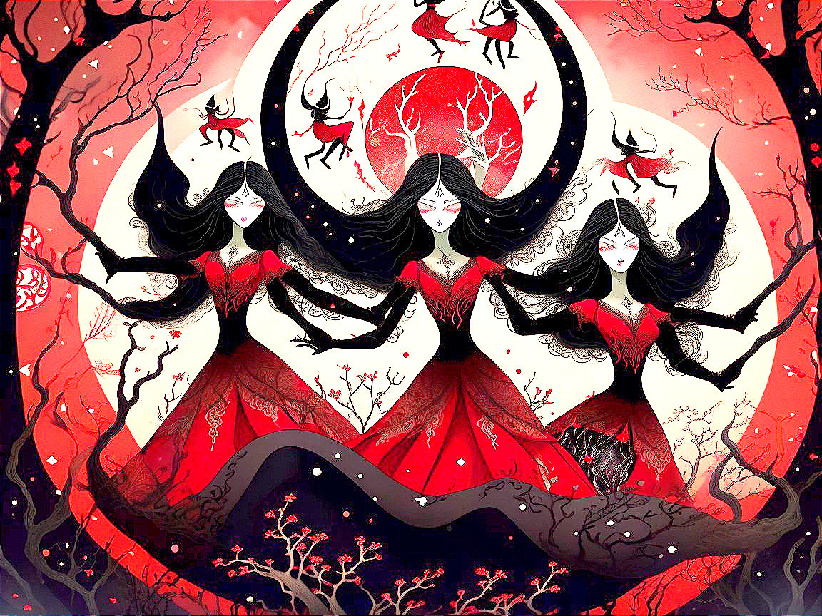 Digital painting of three women with extra arms and trees