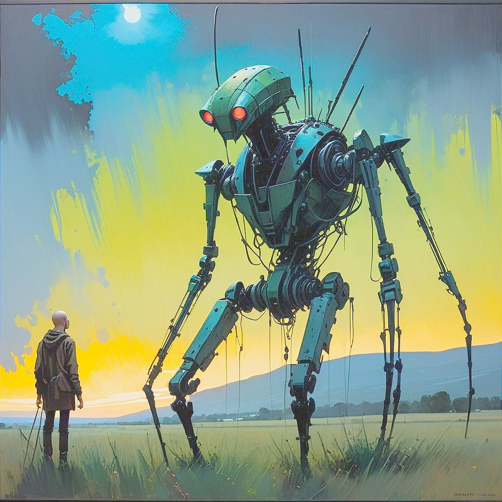 Child and Robot in Tranquil Sunset Landscape