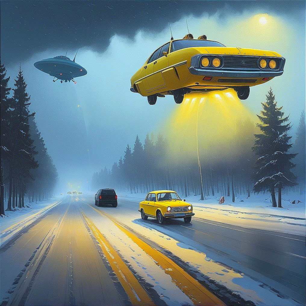 Surreal Wintry Landscape with Yellow Taxi and UFO