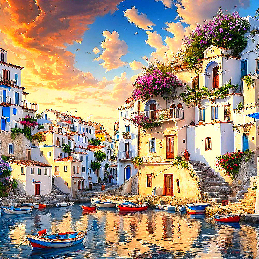 Serene Waterside Village at Sunset with Bougainvillea
