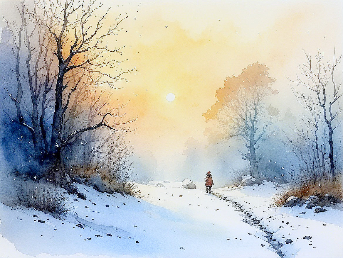 Serene winter landscape with lone figure on path