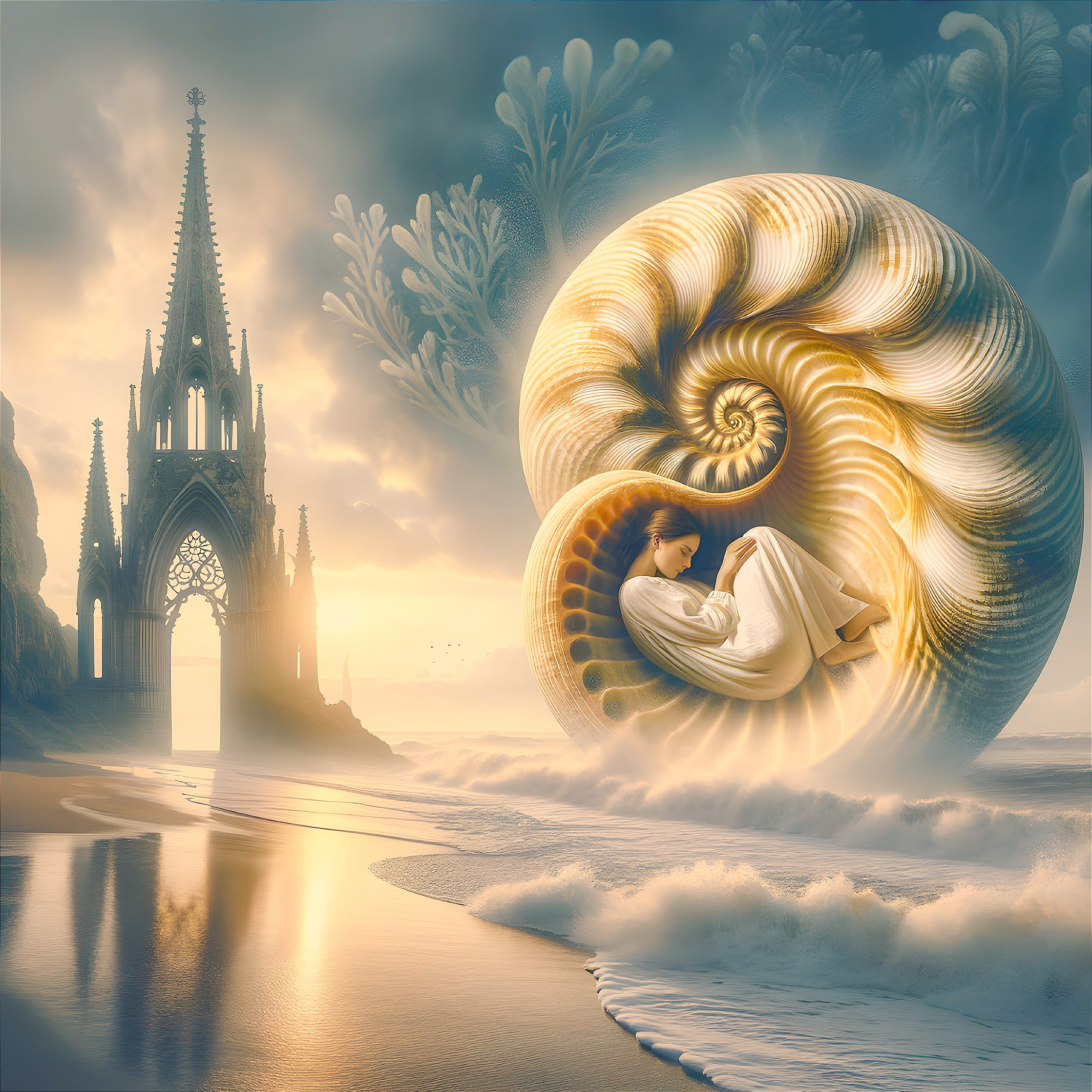 Surreal Landscape with Woman in Nautilus Shell