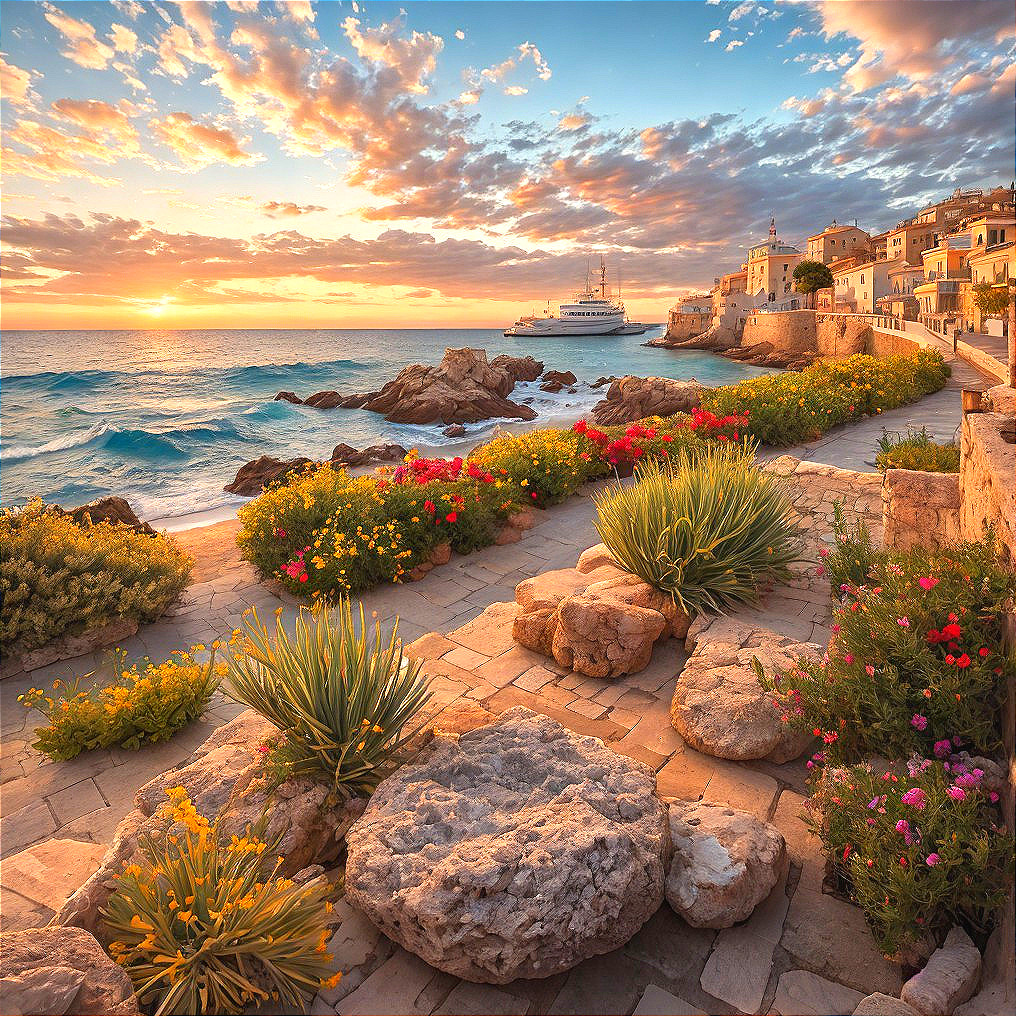 Coastal Sunset Walkway with Flowers and Yacht
