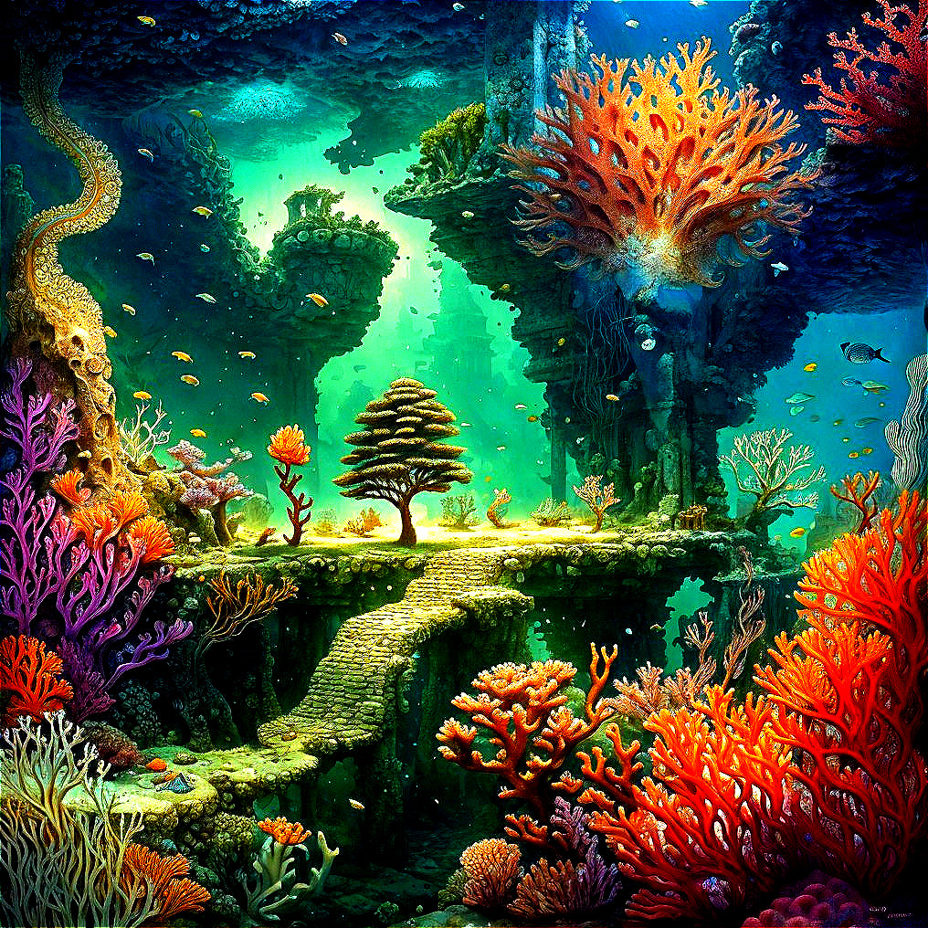 Colorful coral and ruins in vibrant underwater scene