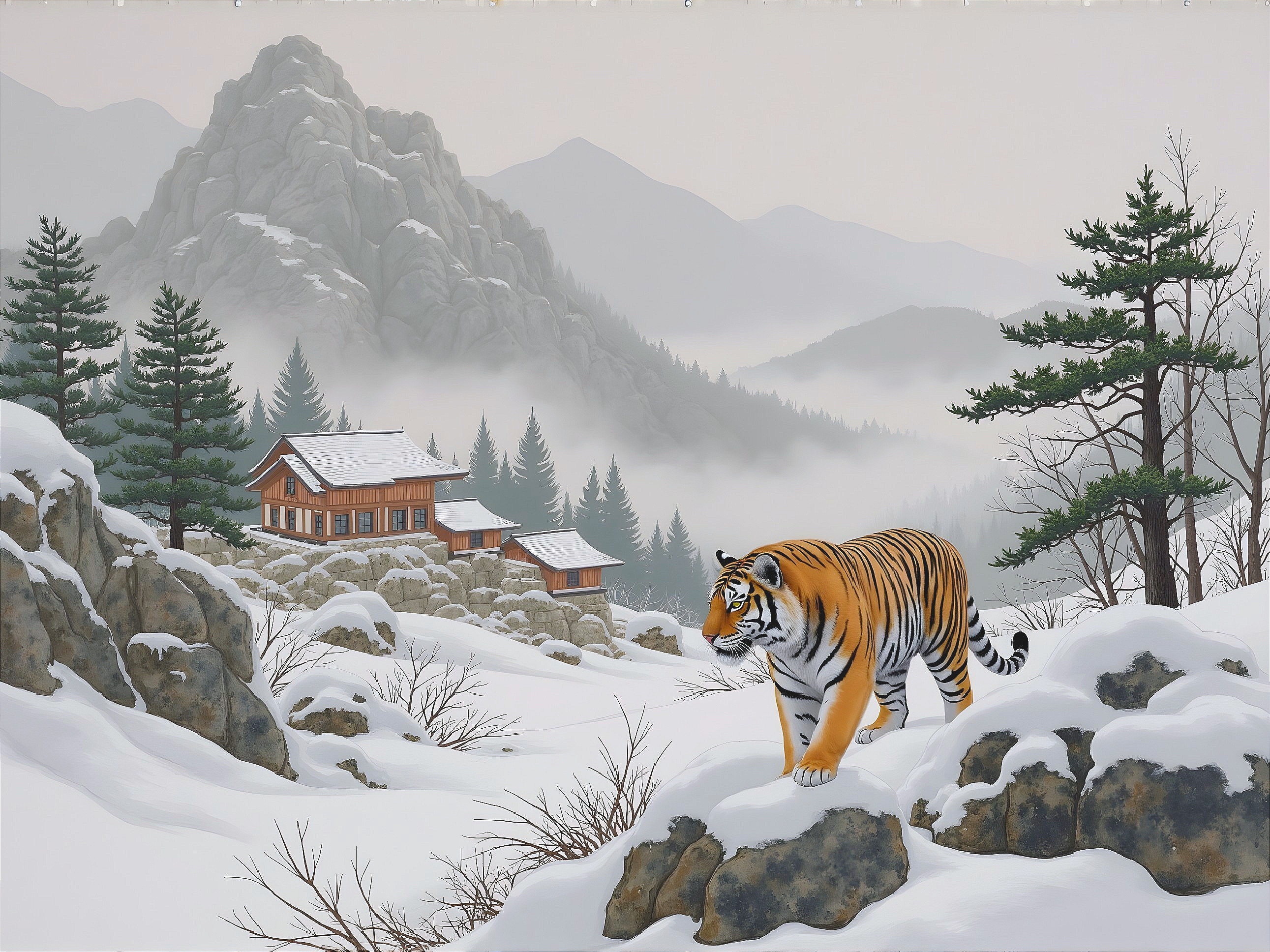 Siberian Tiger in Snowy Mountain Landscape with Houses