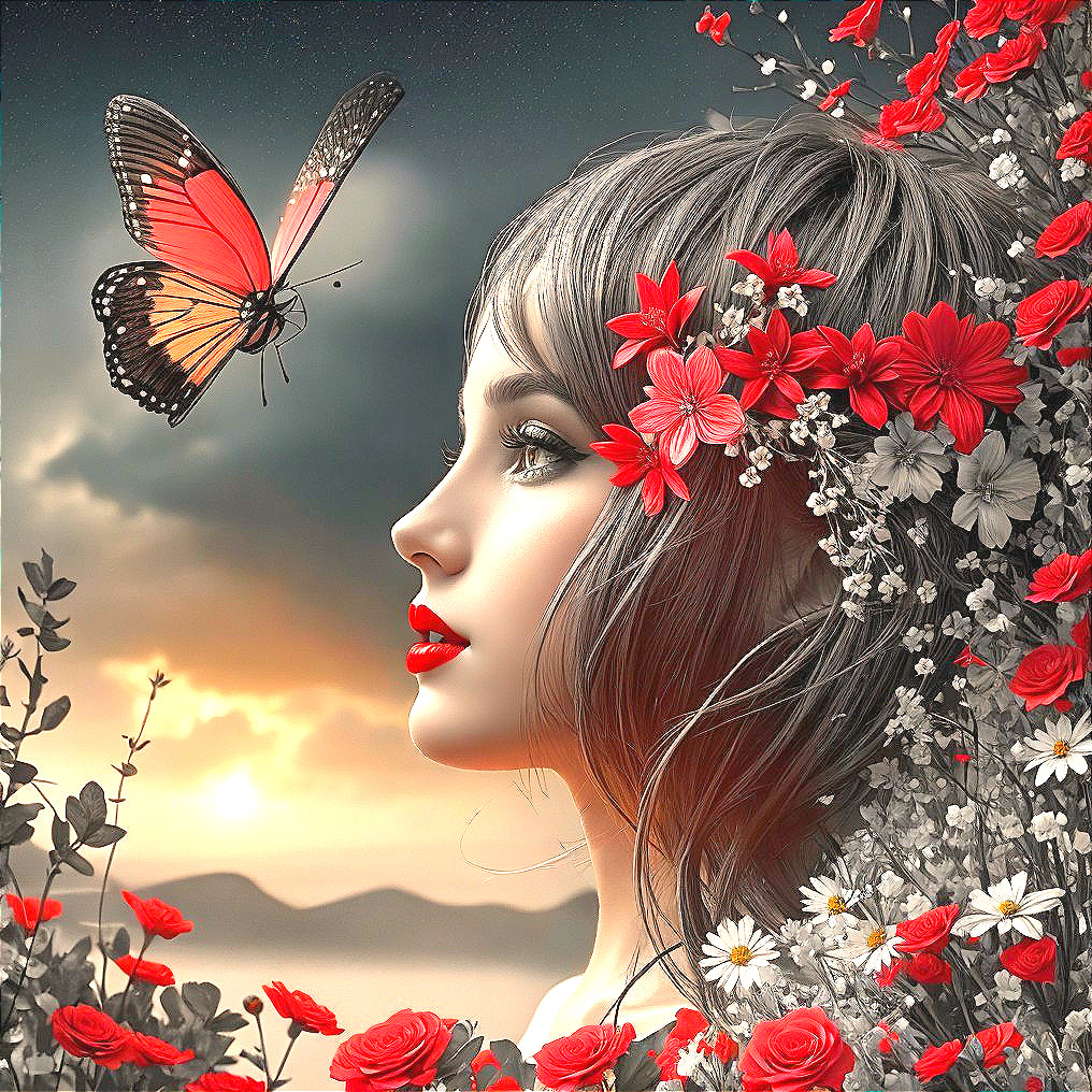 Serene Woman Profile Surrounded by Vibrant Flowers