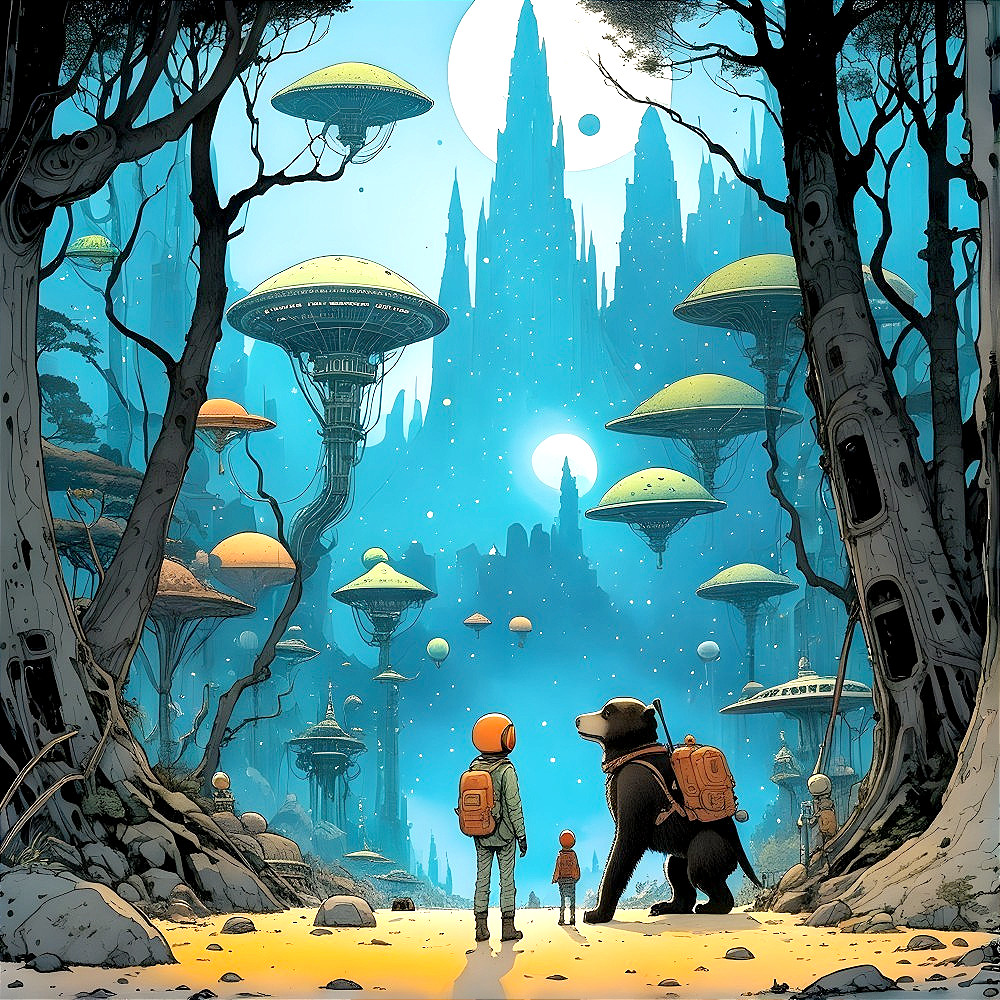 Surreal Landscape with Child and Bear in Futuristic Setting