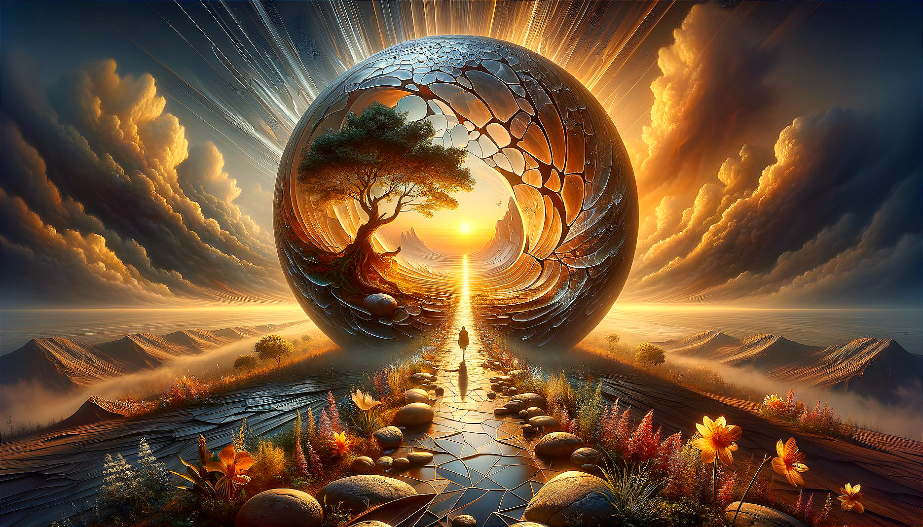 Surreal landscape with spherical portal, sun, tree, mountains, flowers, and path