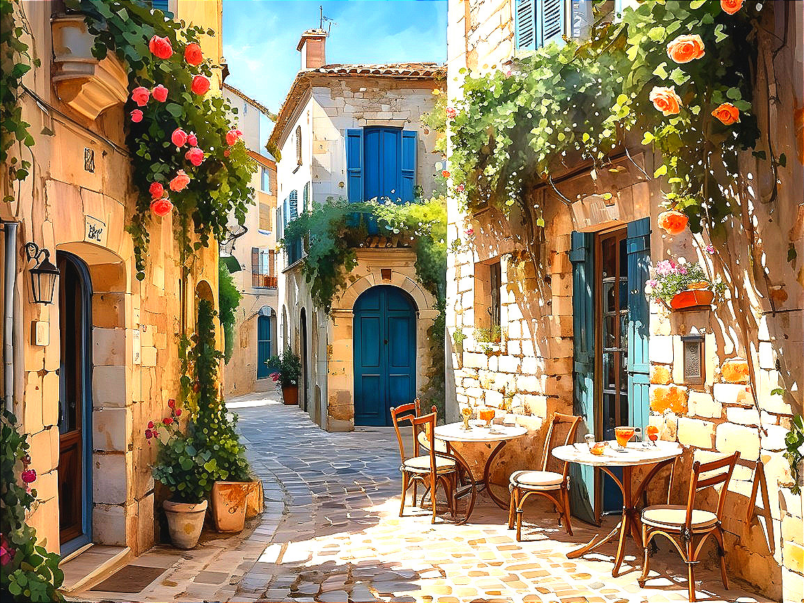 Charming Cobblestone Alleyway with Roses and Greenery