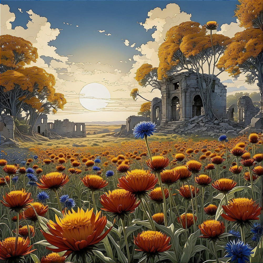 Vibrant Flower Field and Ancient Ruins Landscape