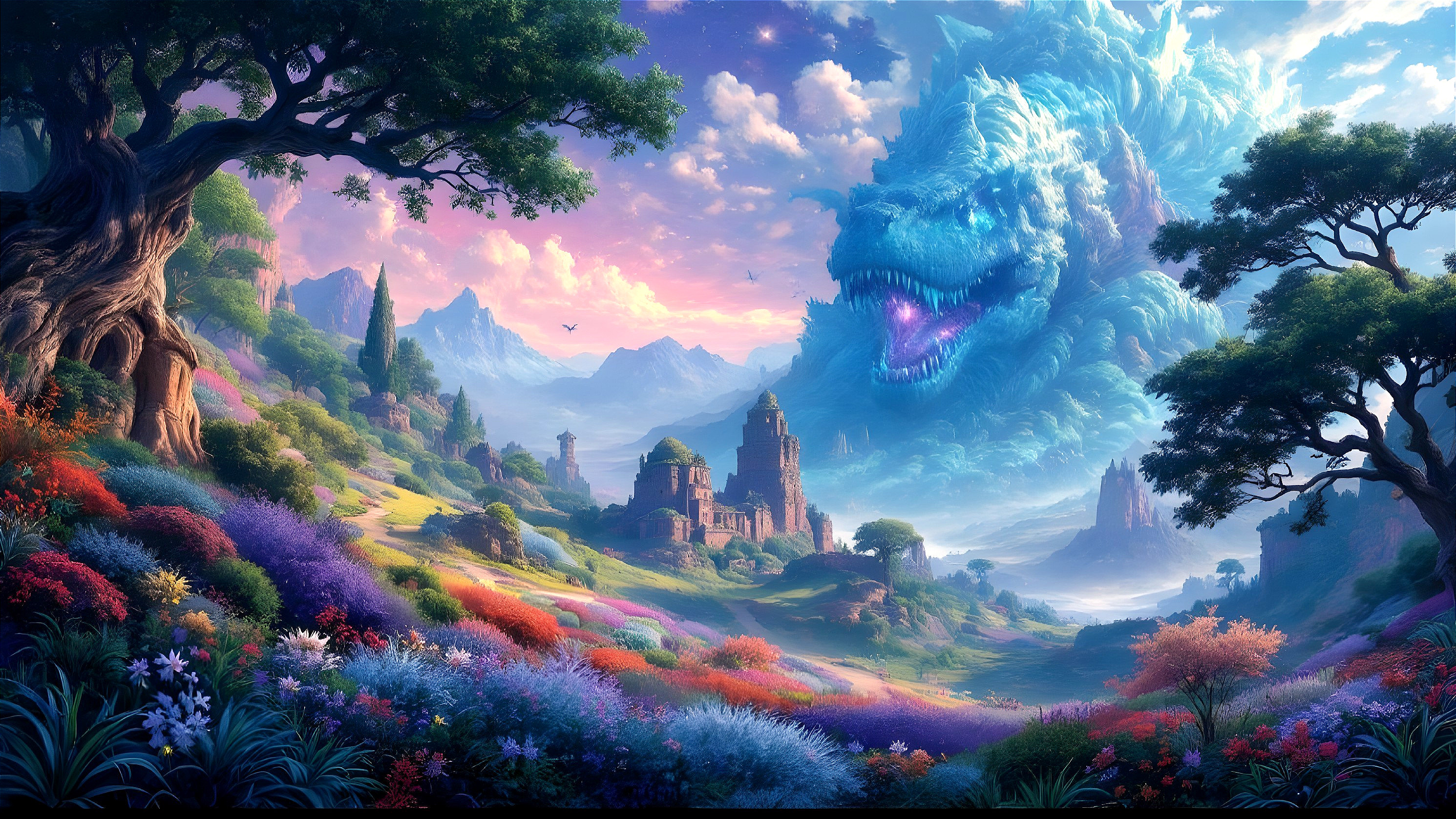 Vibrant Fantasy Landscape with Dragon and Ruins