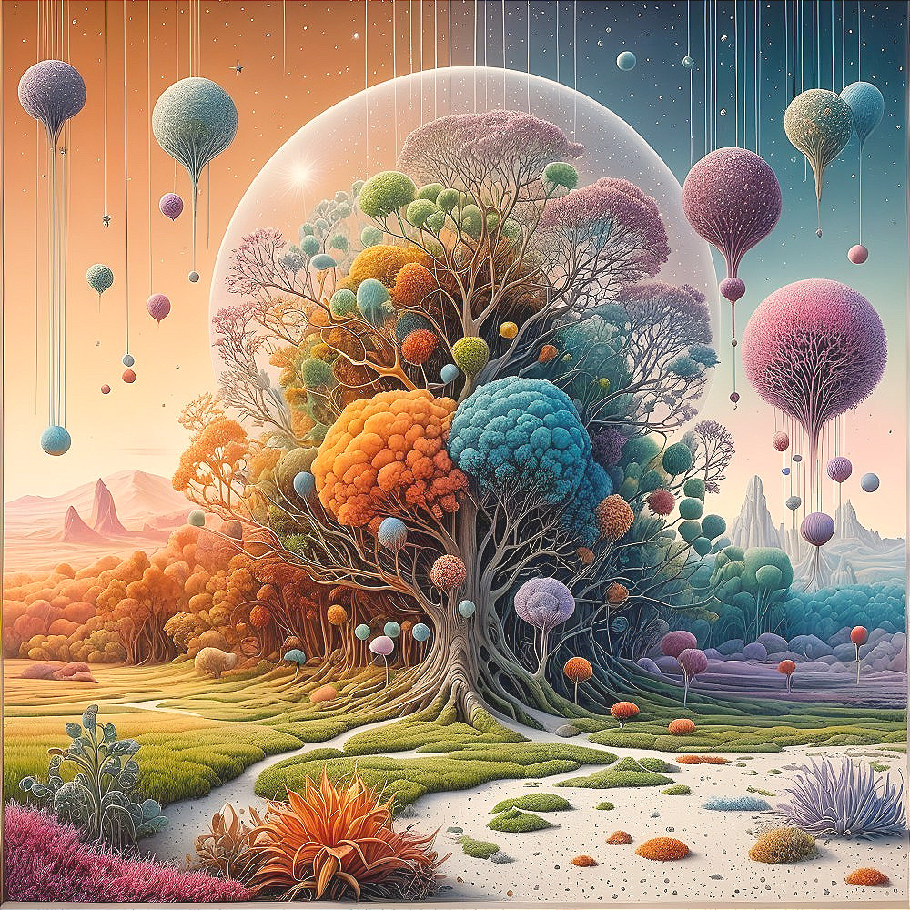 Surreal Landscape with Colossal Tree and Floating Spheres