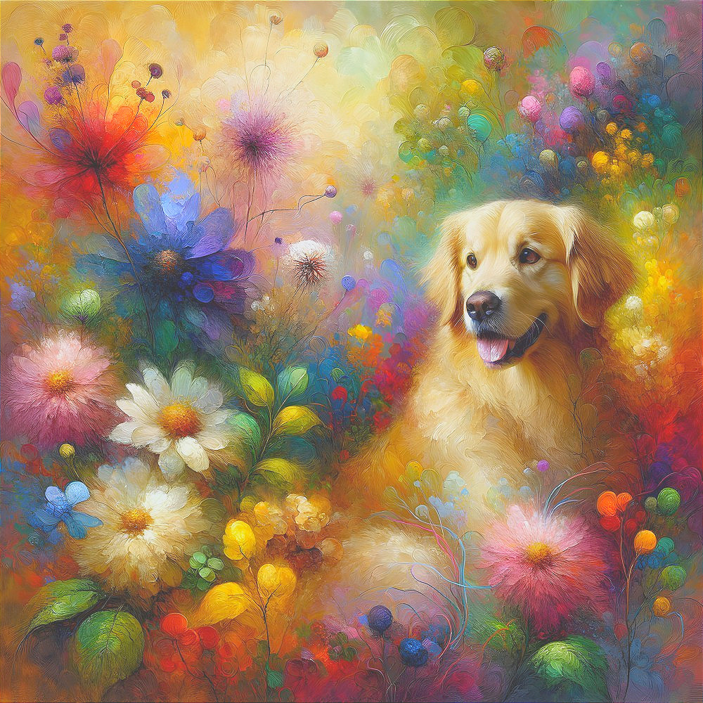 Golden Retriever Among Colorful Flowers in Dreamy Setting
