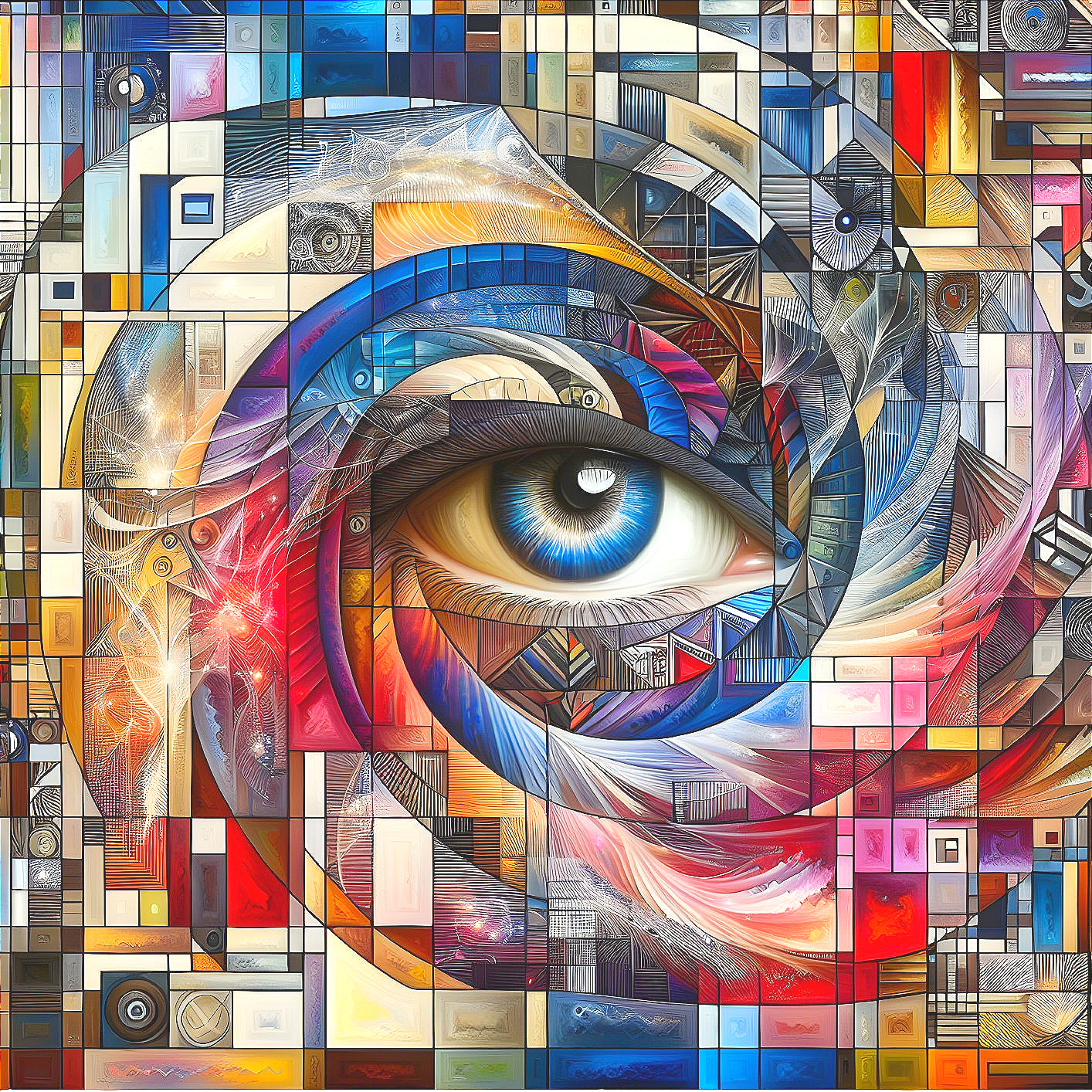 Vibrant Mosaic with Eye Symbol and Geometric Patterns