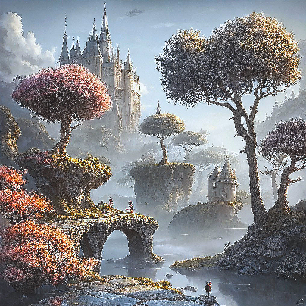 Majestic Castle Surrounded by Mist and Whimsical Trees