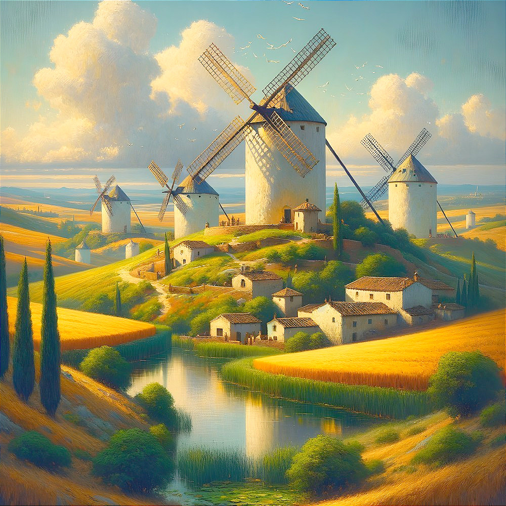 Serene Landscape with Windmills and Lush Fields