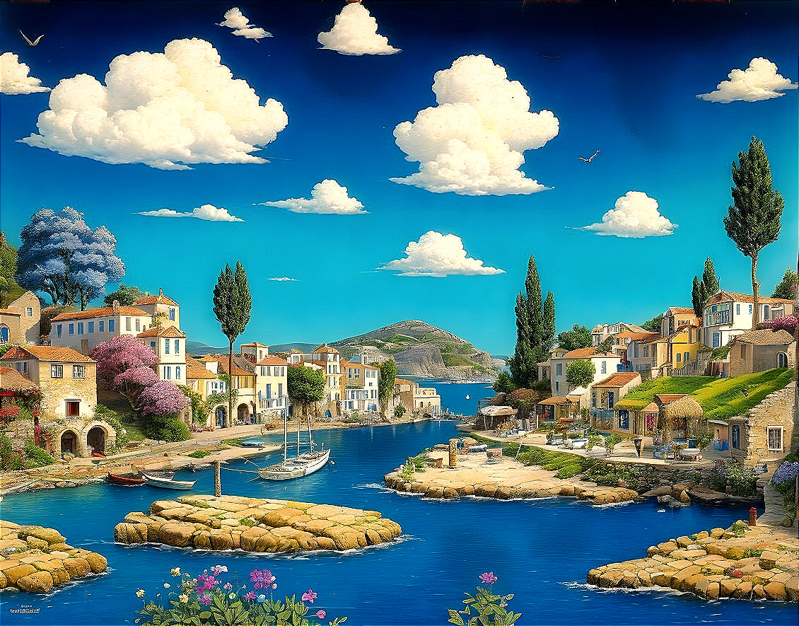 Picturesque Seaside Village by a Serene Blue River