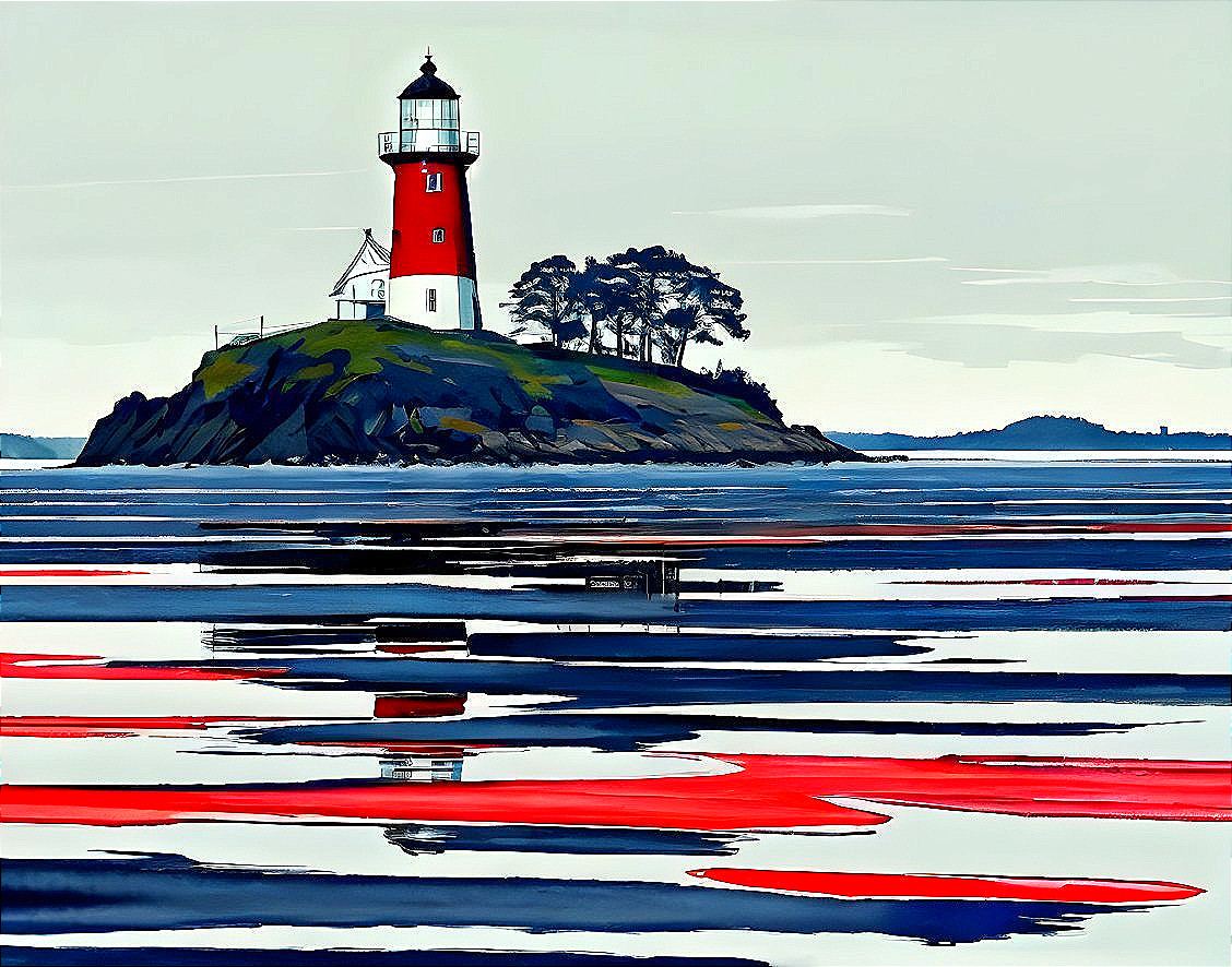 Red and White Lighthouse on Island with Calm Sea