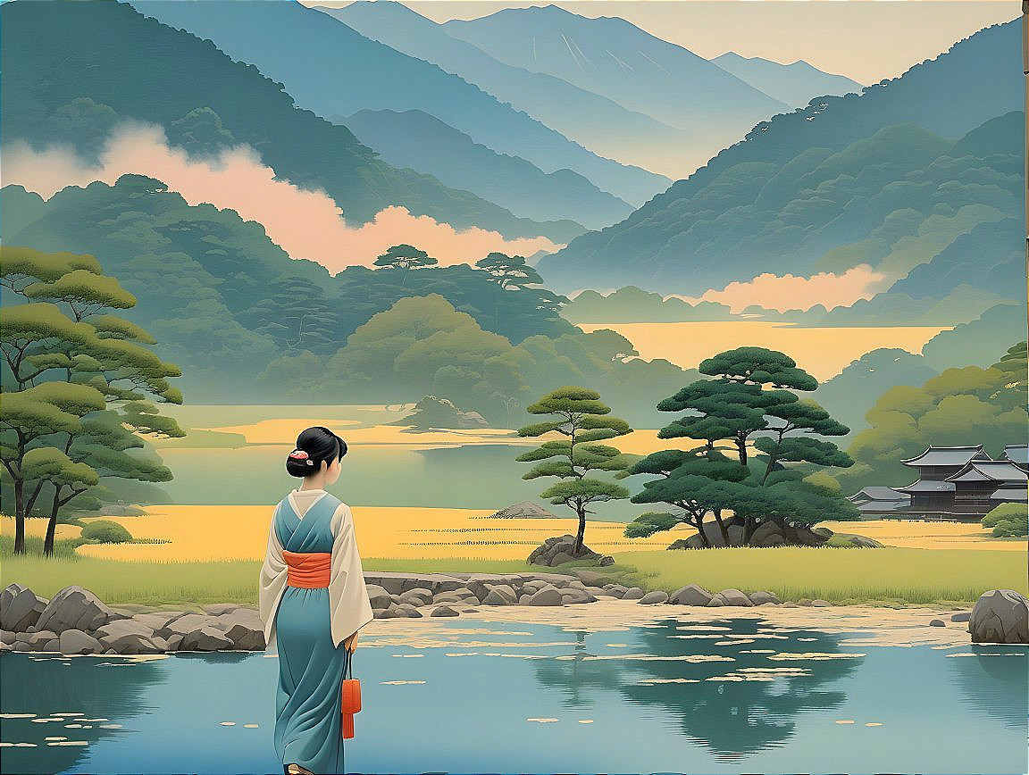 Serene Landscape with Woman by Tranquil Water