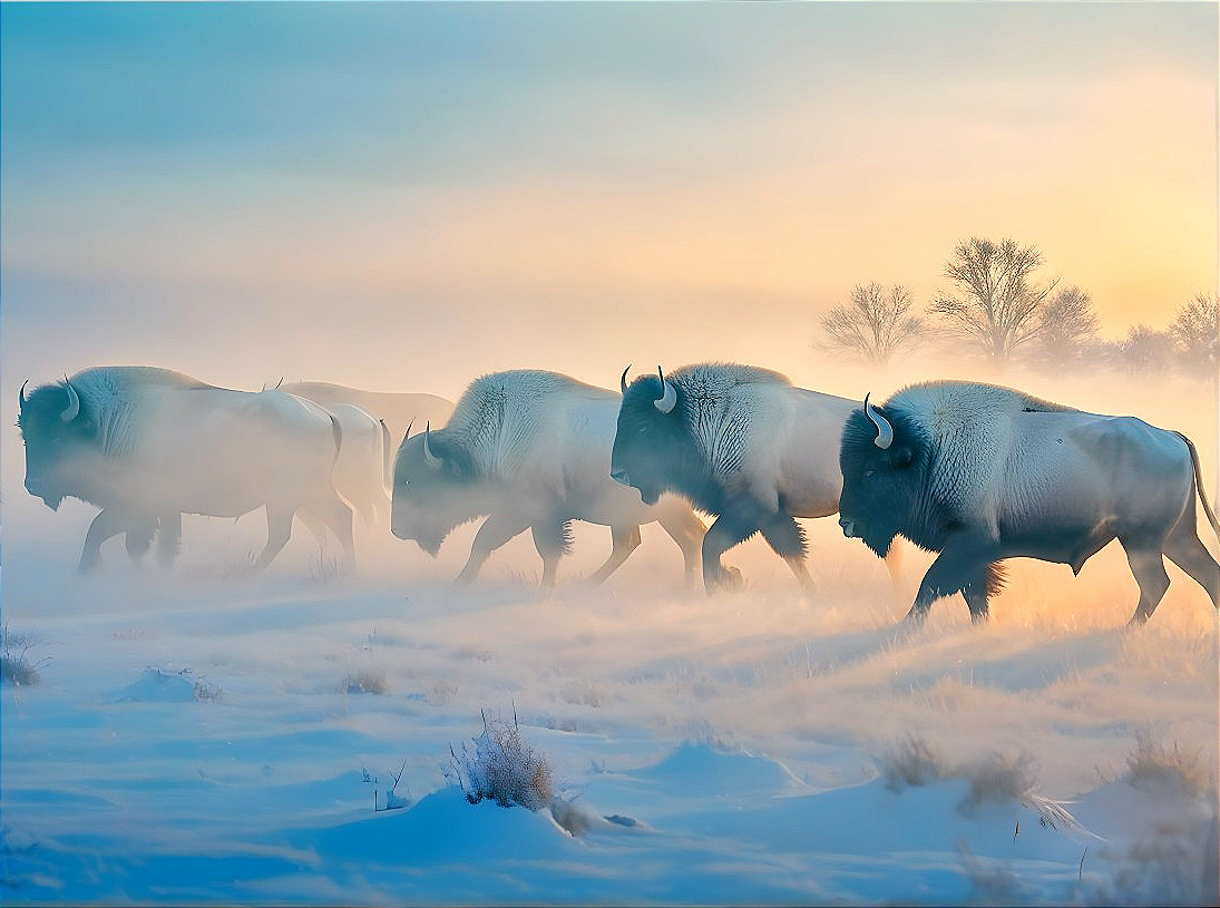 Bison in a snowy landscape at dawn with mist