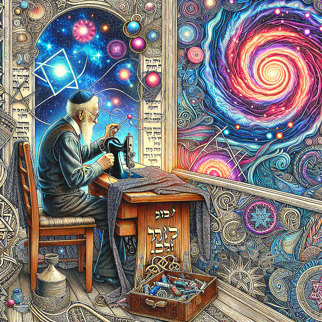 Elderly Man Crafting Designs with Cosmic Background
