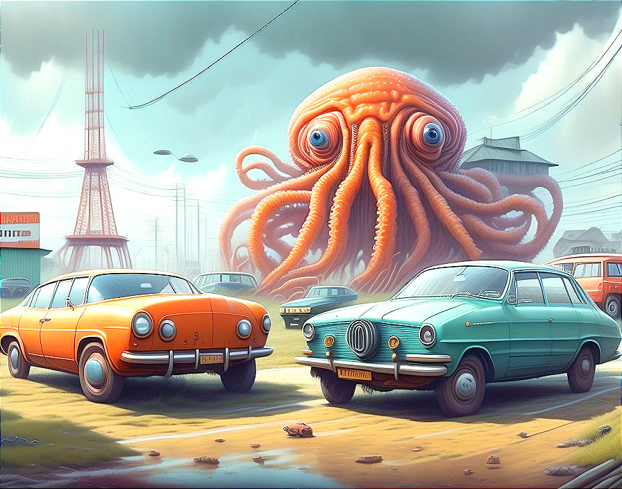 Surreal Scene with Vintage Cars and Whimsical Octopus