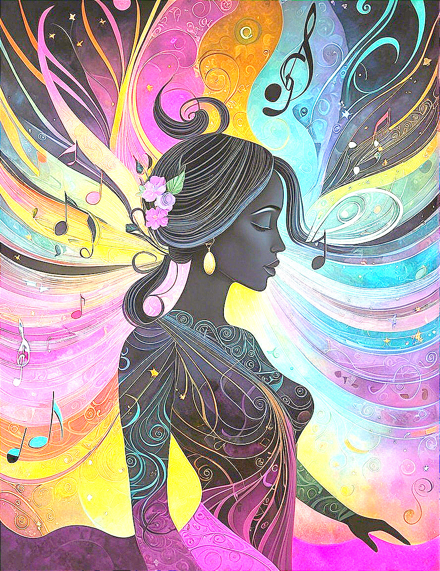 Stylized Silhouette of a Woman with Musical Elements