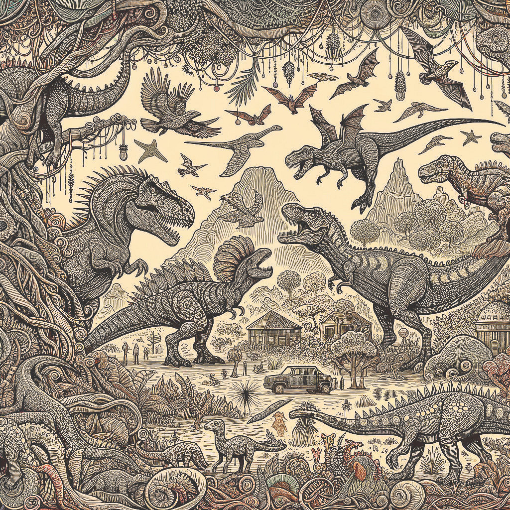 Intricate Dinosaur Illustration in Prehistoric Landscape