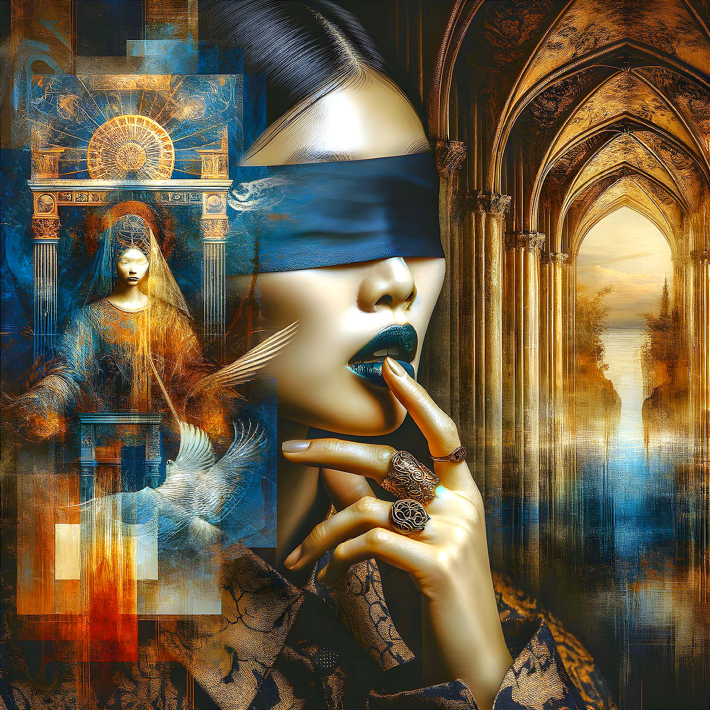 Surreal Portrait of a Woman with Blindfold and Rings