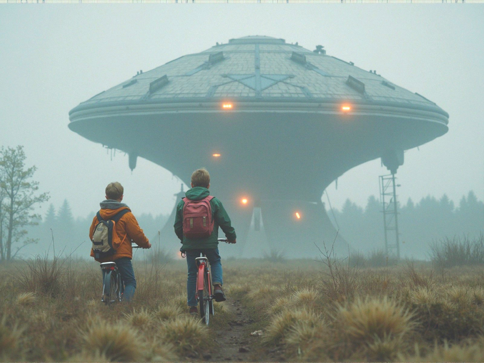 Children on Bicycles Observe Hovering Spaceship