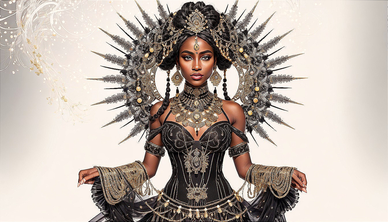 Elaborate Black Gown with Golden Embroidery and Jewelry