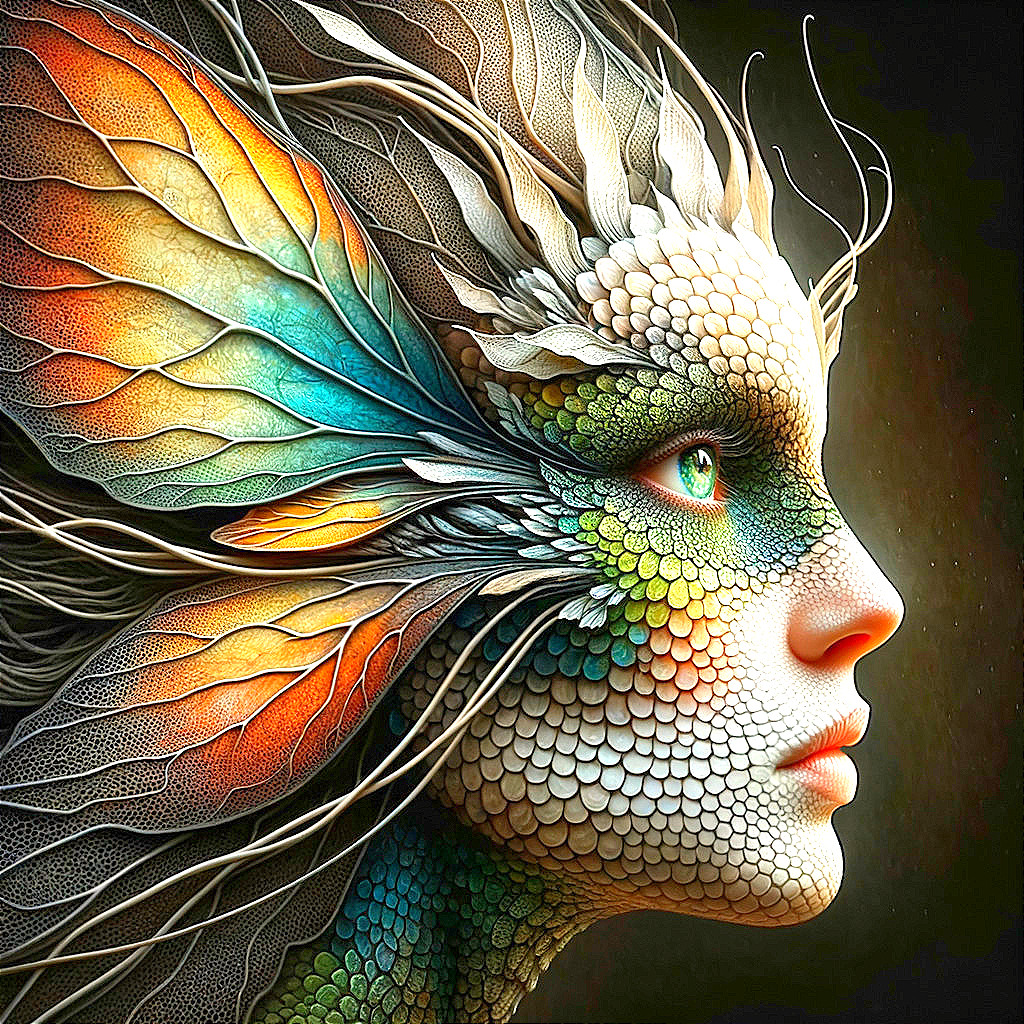 Surreal Figure with Colorful Scales and Leaf Details