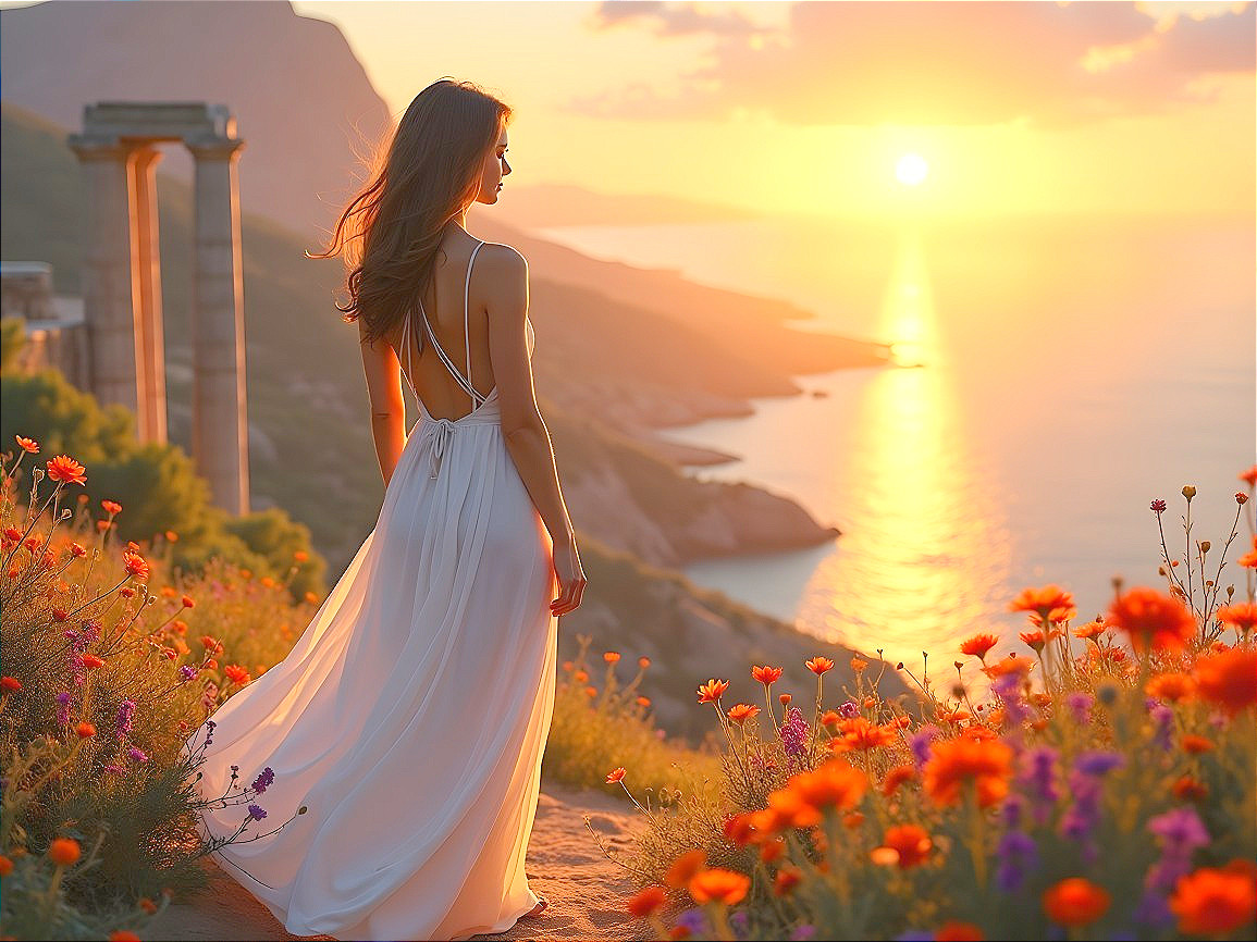 Woman in White Dress at Sunset on Scenic Cliff