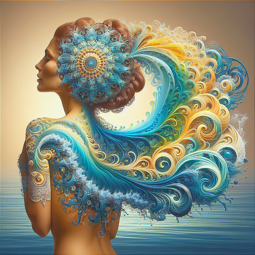 Profile of a Woman with Flowing Oceanic Patterns