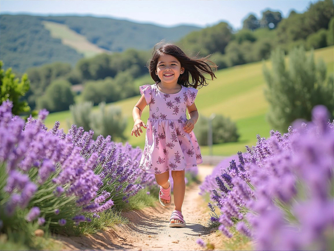 Young girl in lavender field with sunny backdrop