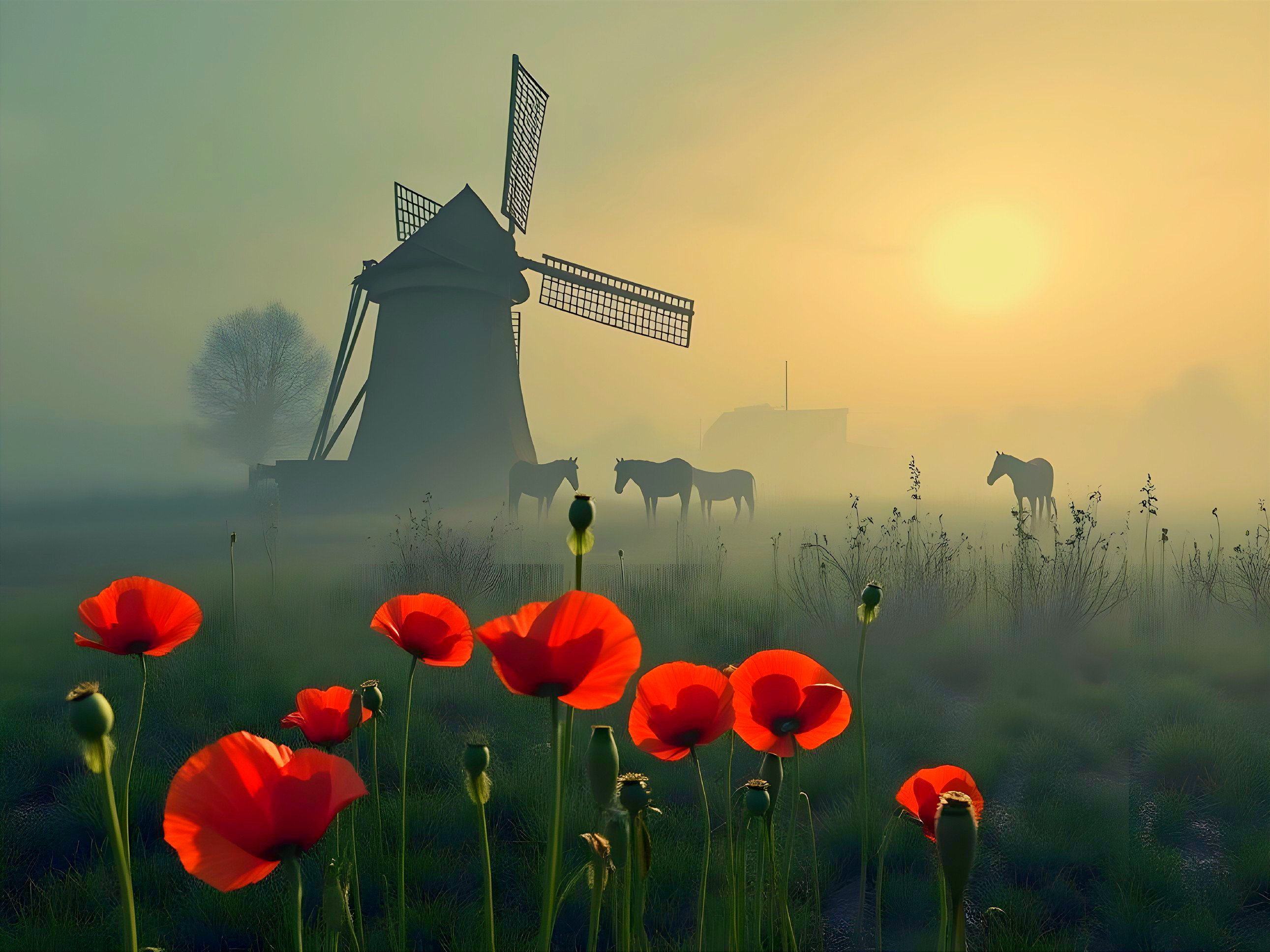 Serene Morning Landscape with Historic Windmill and Poppies