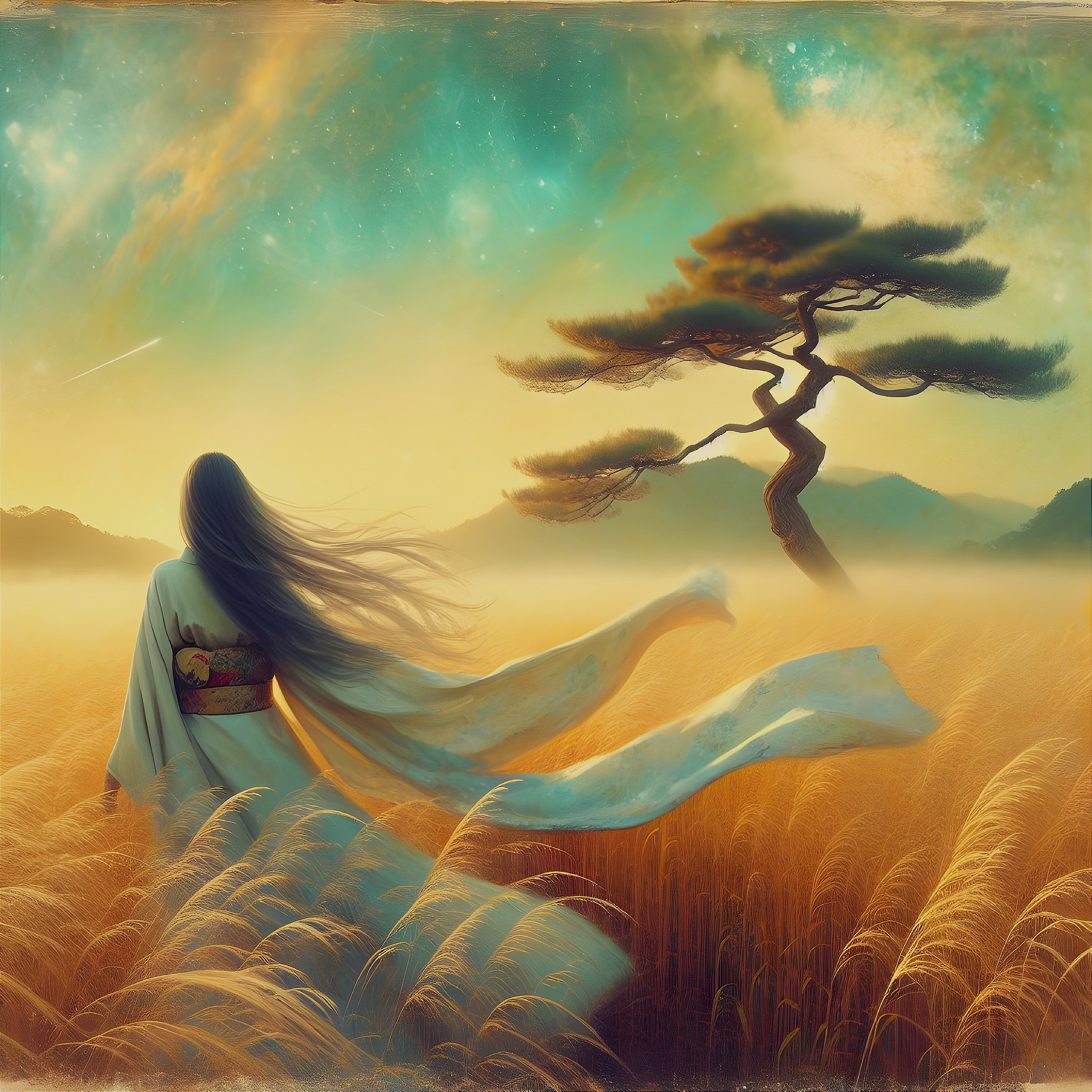 Serene figure in kimono in golden field at sunset