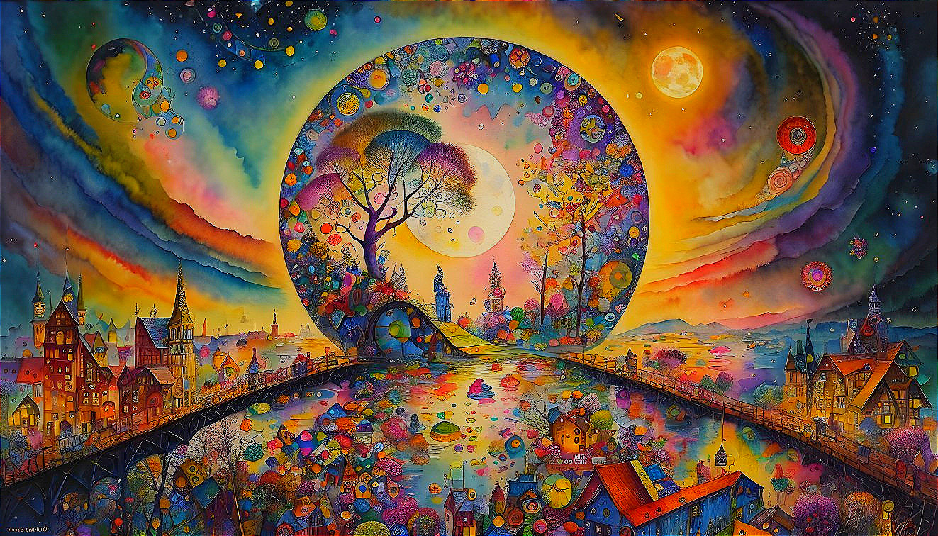 Surreal landscape with moon-like portal, tree, colorful sky, town, and celestial elements