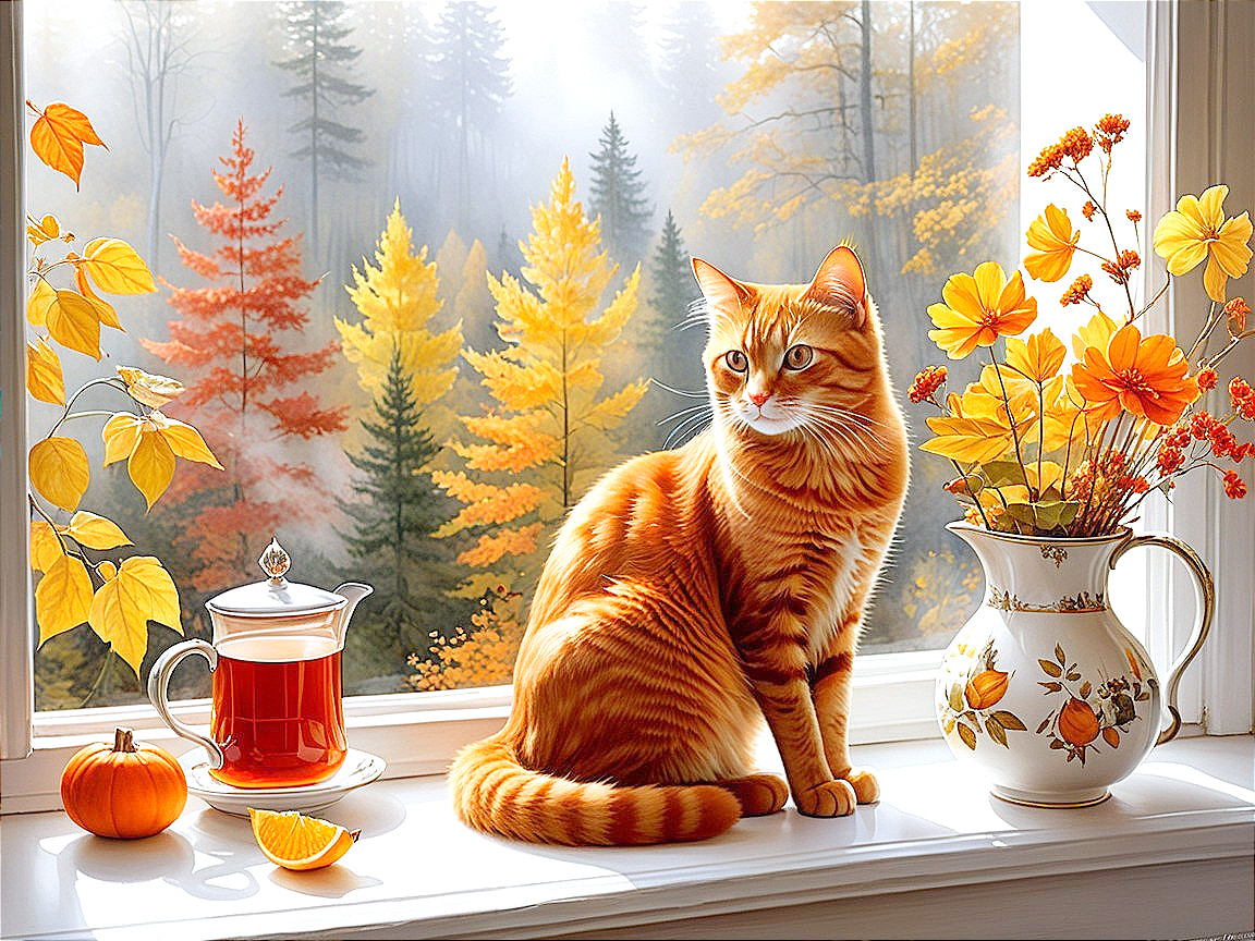 Ginger Cat by Window Overlooking Autumn Forest